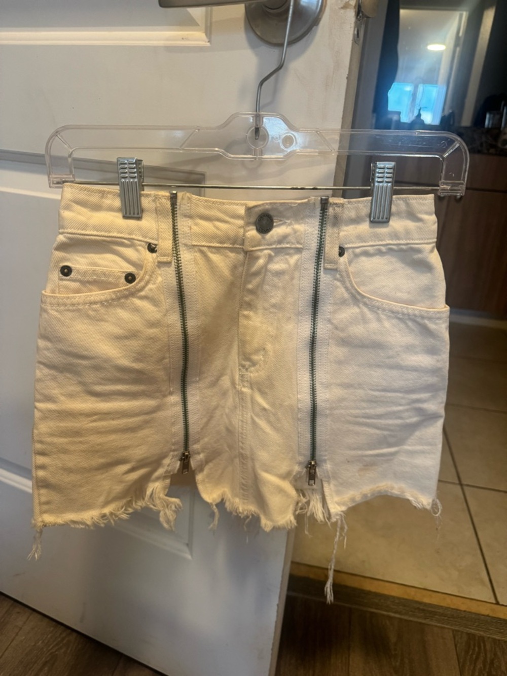 Carmar Cream Denim Mini Skirt with Dual Front Zippers